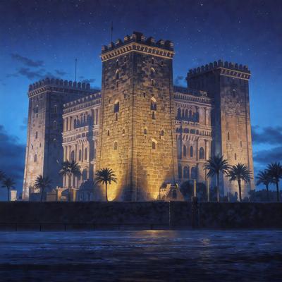 The primary subject of the image is a large, old, and ornate castle with a moat. The setting is a nighttime scene, with the castle standing tall against the dark sky. The visual style is a digital art or illustration, creating a dramatic and captivating atmosphere. The colors and mood are predominantly dark, with the castle and its surroundings being the main focus of the image.